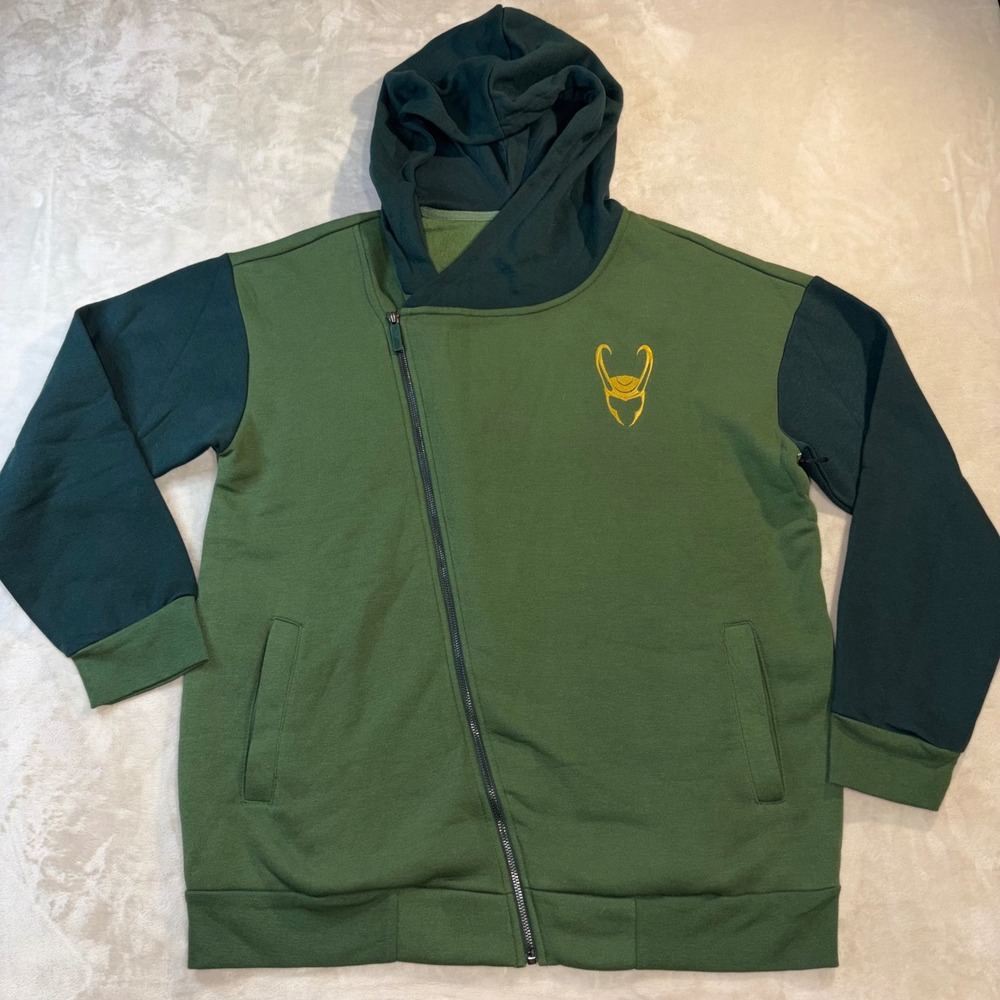Our Universe Marvel Loki God of Mischief Asymmetrical Zip Hoodie Green LG